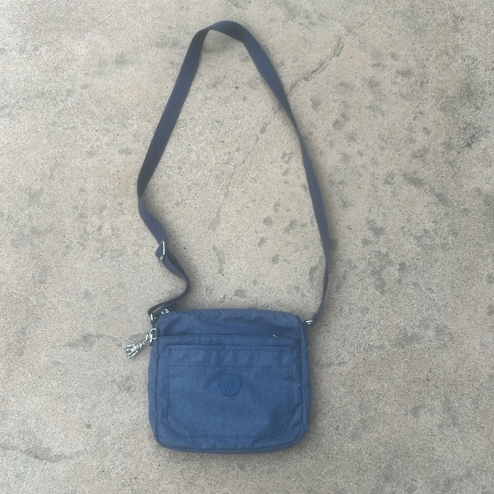 Kipling Blue Grey Sparkle Crossbody Purse w Silver Gorilla Keychain